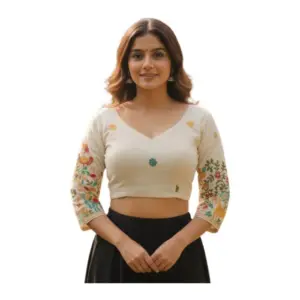 Women's Cambric Cotton Round Neck Padded Blouse (White, 38 Ready Size (Self-Alterable 36–40)