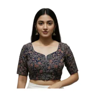Women's Ajrakh Cotton Round Neck Padded Blouse (Navy, 38 Ready Size (Self-Alterable 36–40)
