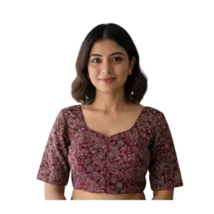 Women's Ajrakh Cotton Round Neck Padded Blouse (Purple, 38 Ready Size (Self-Alterable 36–40)