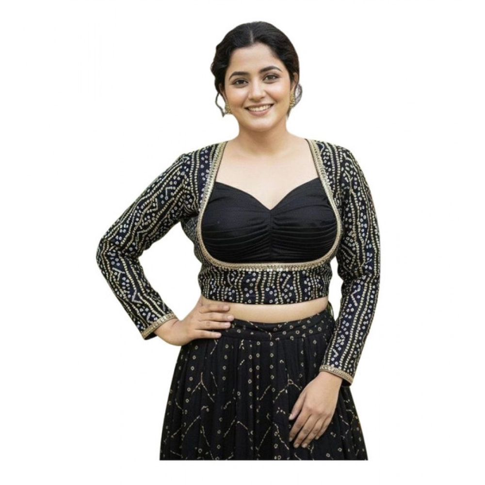 Women's Rayon Sabyasachi Style Round Neck Padded Blouse (Black, 38 Ready Size (Self-Alterable 36–40)