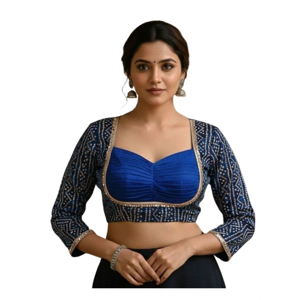 Women's Rayon Sabyasachi Style Round Neck Padded Blouse (Blue, 38 Ready Size (Self-Alterable 36–40)