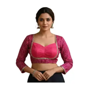 Women's Rayon Sabyasachi Style Round Neck Padded Blouse (Pink, 38 Ready Size (Self-Alterable 36–40)