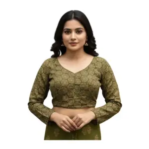 Women's Ajrakh Cotton Halter Neck Padded Blouse (Olive, 38 Ready Size (Self-Alterable 36–40)