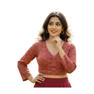 Women's Ajrakh Cotton Halter Neck Padded Blouse (Red, 38 Ready Size (Self-Alterable 36–40)