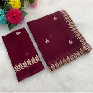 Women's Georgette Embroidered Saree With Unstitched Blouse 5.5Mtr (Red)