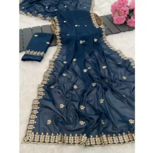 Women's Georgette Embroidered Saree With Unstitched Blouse 5.5Mtr (Blue)