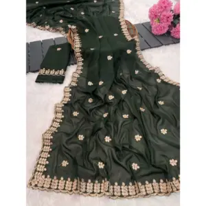 Women's Georgette Embroidered Saree With Unstitched Blouse 5.5Mtr (Green)