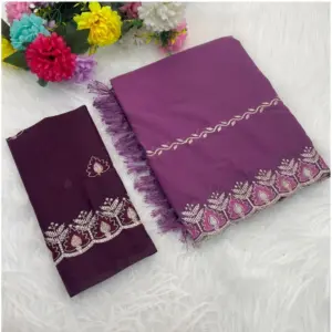 Women's Georgette Embroidered Saree With Unstitched Blouse 5.5Mtr (Purple)