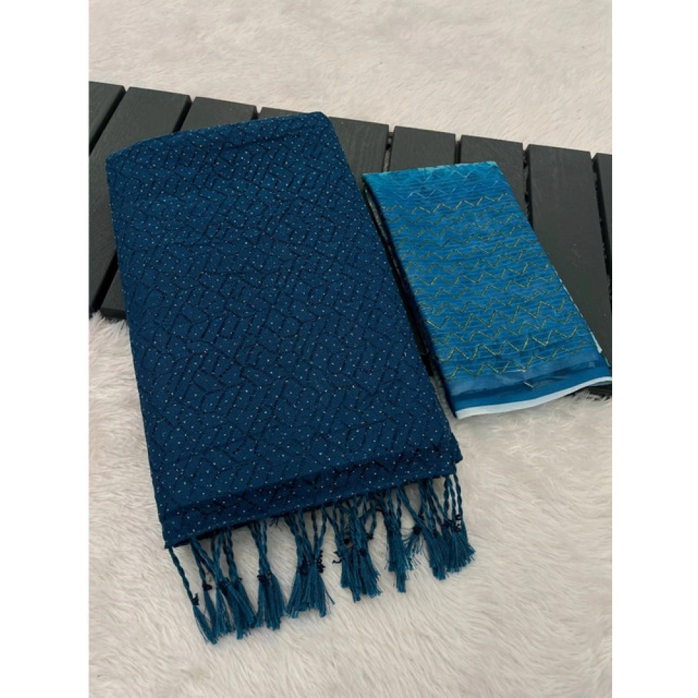 Women's Chiffon Zigzag lines Saree With Unstitched Blouse 5.5Mtr (Blue) - Image 2