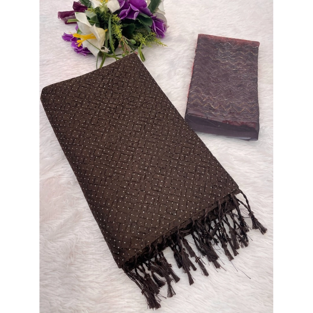 Women's Chiffon Zigzag lines Saree With Unstitched Blouse 5.5Mtr (Brown)