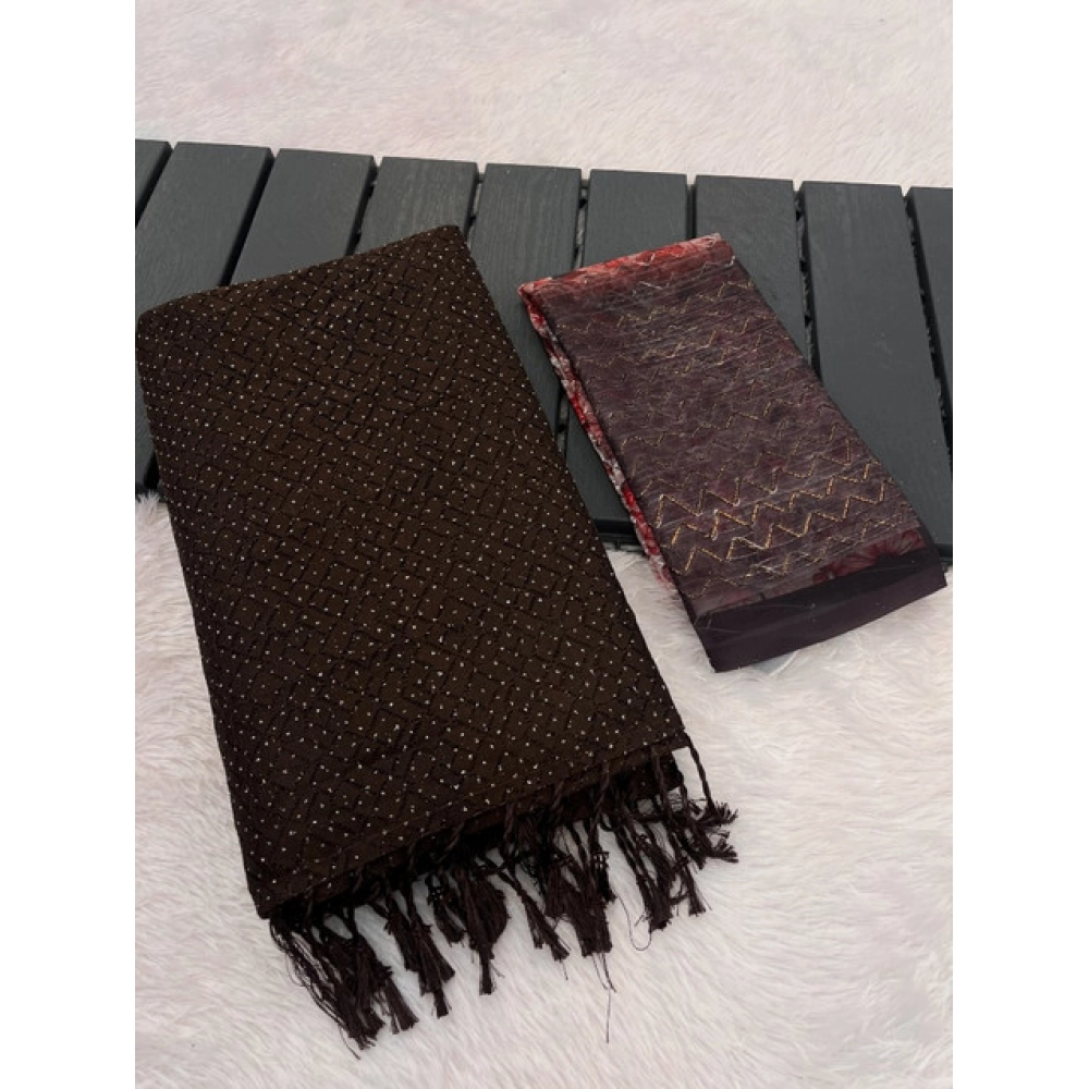 Women's Chiffon Zigzag lines Saree With Unstitched Blouse 5.5Mtr (Brown) - Image 2