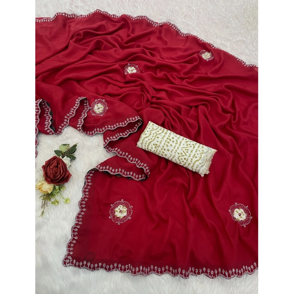 Women's Chiffon Butti Dotted Saree With Unstitched Blouse 5.5Mtr (Red) - Image 2