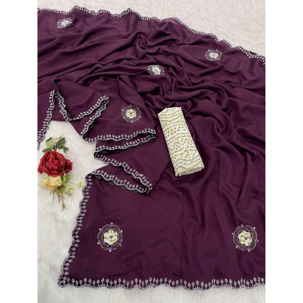 Women's Chiffon Butti Dotted Saree With Unstitched Blouse 5.5Mtr (Wine) - Image 2