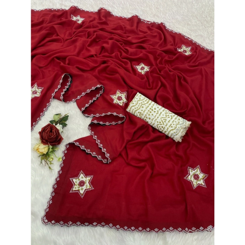 Women's Chiffon Butti Dotted Saree With Unstitched Blouse 5.5Mtr (Red) - Image 2