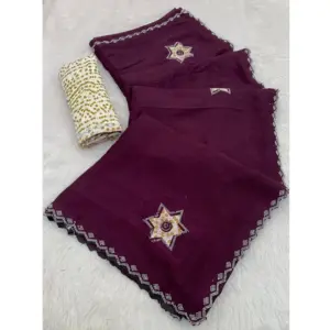 Women's Chiffon Butti Dotted Saree With Unstitched Blouse 5.5Mtr (Wine)