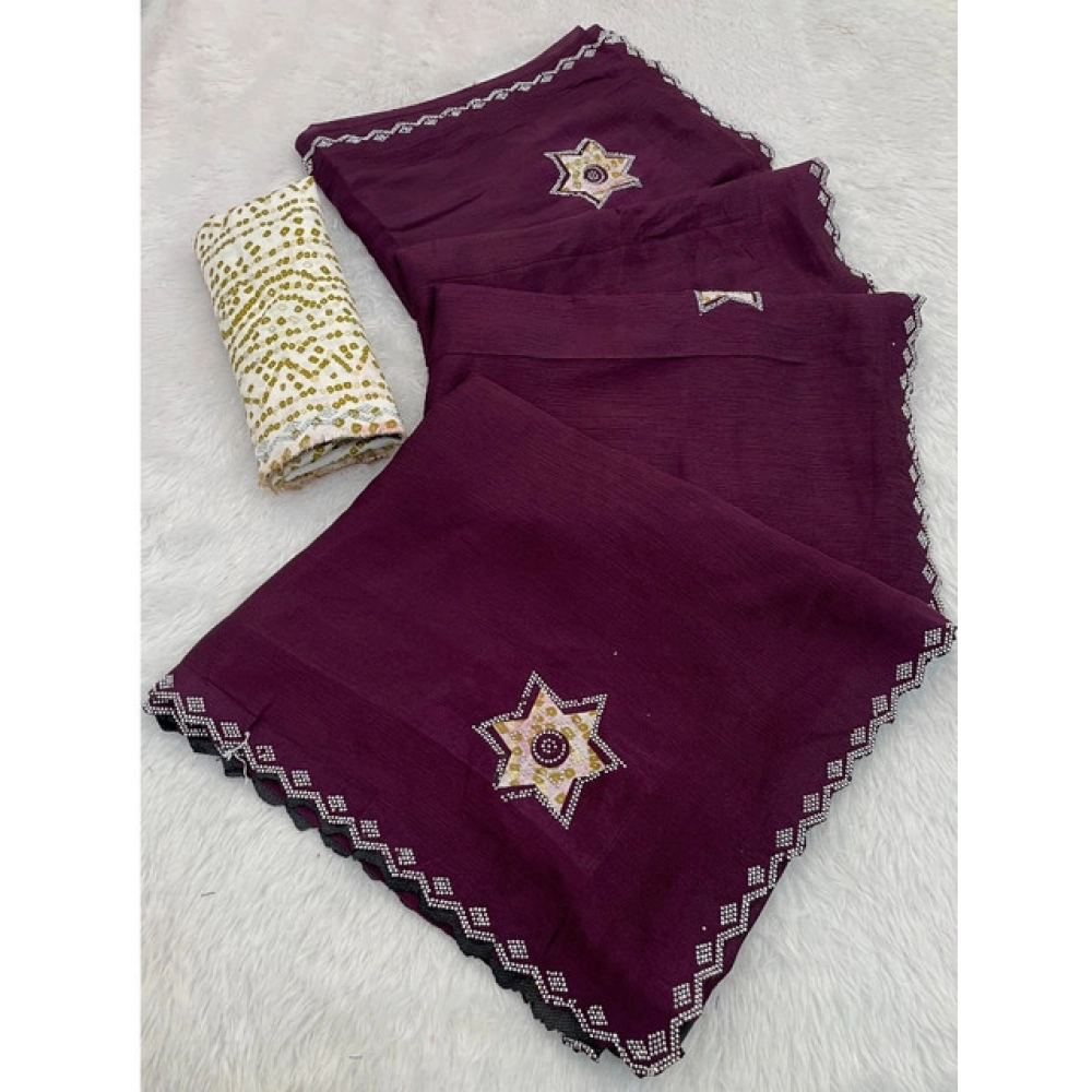 Women's Chiffon Butti Dotted Saree With Unstitched Blouse 5.5Mtr (Wine)