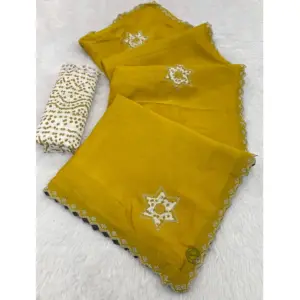 Women's Chiffon Butti Dotted Saree With Unstitched Blouse 5.5Mtr (Yellow)