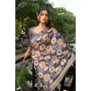 Women's Polyester Printed Saree With Unstitched Blouse 5.5 Mtr (Purple)