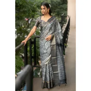 Women's Polyester Printed Saree With Unstitched Blouse 5.5 Mtr (Grey)