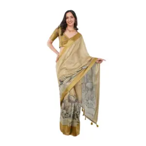 Women's Polyester Printed Ready To Wear Saree With Unstitched Blouse 5.5 Mtr (Gold)