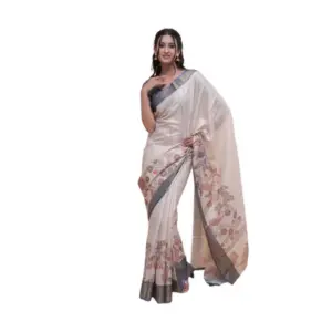 Women's Polyester Printed Saree With Unstitched Blouse 5.5 Mtr (Off-White)