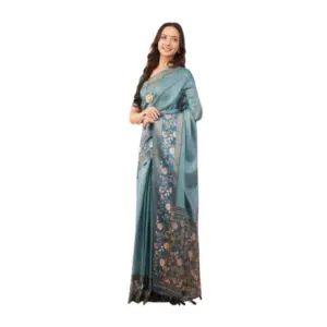 Women's Polyester Printed Saree With Unstitched Blouse 5.5 Mtr (Blue)