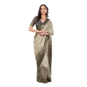Women's Polyester Printed Ready To Wear Saree With Unstitched Blouse 5.5 Mtr (Beige)