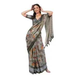 Women's Polyester Printed Ready To Wear Saree With Unstitched Blouse 5.5 Mtr (Light Grey)
