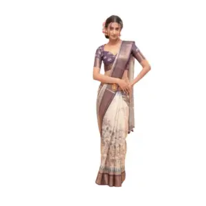 Women's Polyester Printed Saree With Unstitched Blouse 5.5 Mtr (Off-White)