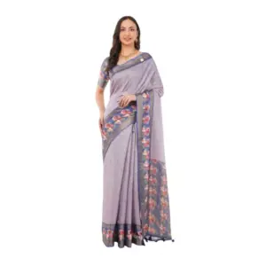 Women's Polyester Printed Saree With Unstitched Blouse 5.5 Mtr (Purple)