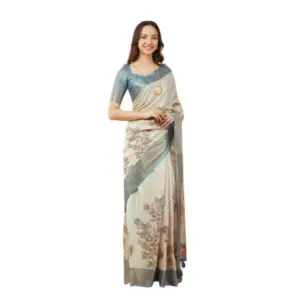 Women's Polyester Printed Saree With Unstitched Blouse 5.5 Mtr (Cream)