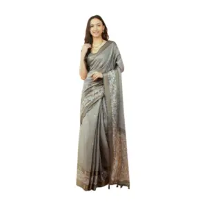 Women's Polyester Printed Saree With Unstitched Blouse 5.5 Mtr (Grey)