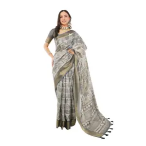 Women's Polyester Printed Saree With Unstitched Blouse 5.5 Mtr (Grey)