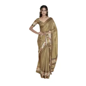 Women's Polyester Printed Saree With Unstitched Blouse 5.5 Mtr (Gold)