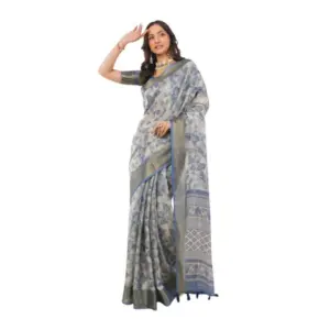 Women's Polyester Printed Saree With Unstitched Blouse 5.5 Mtr (Grey)