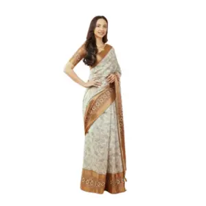 Women's Polyester Printed Saree With Unstitched Blouse 5.5 Mtr (Off-White)