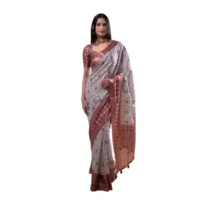Women's Polyester Printed Saree With Unstitched Blouse 5.5 Mtr (Off-White)