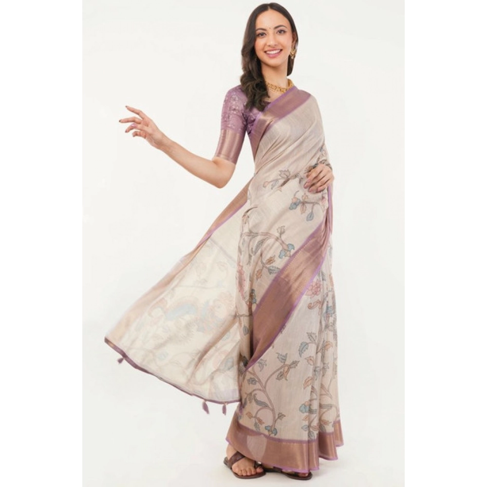 Women's Polyester Printed Saree With Unstitched Blouse 5.5 Mtr (Cream) - Image 4