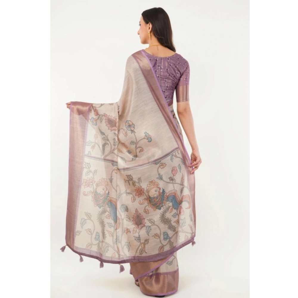 Women's Polyester Printed Saree With Unstitched Blouse 5.5 Mtr (Cream) - Image 3