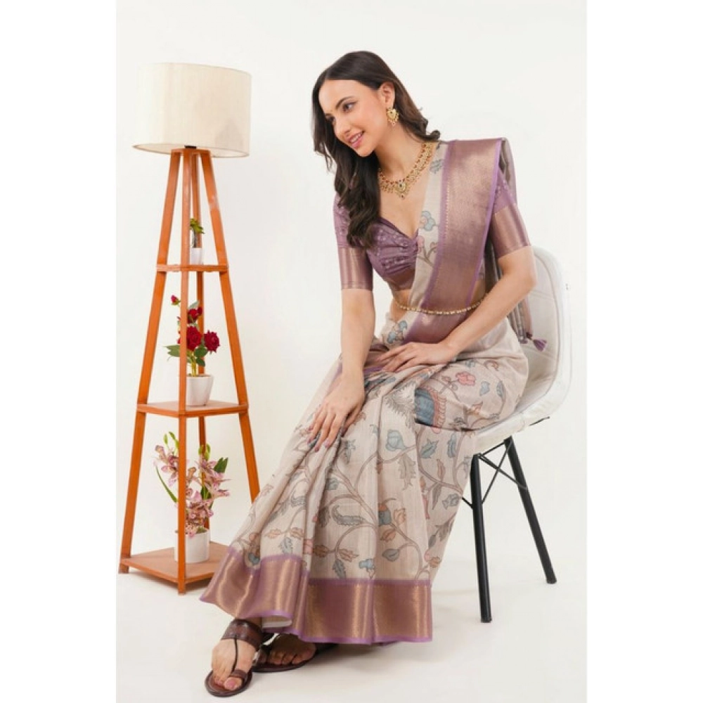 Women's Polyester Printed Saree With Unstitched Blouse 5.5 Mtr (Cream) - Image 2