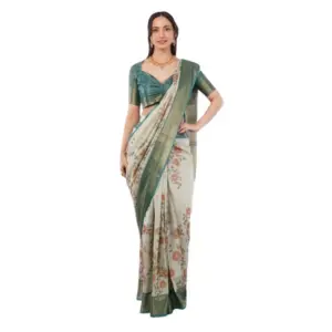 Women's Polyester Printed Ready To Wear Saree With Unstitched Blouse 5.5 Mtr (Beige)