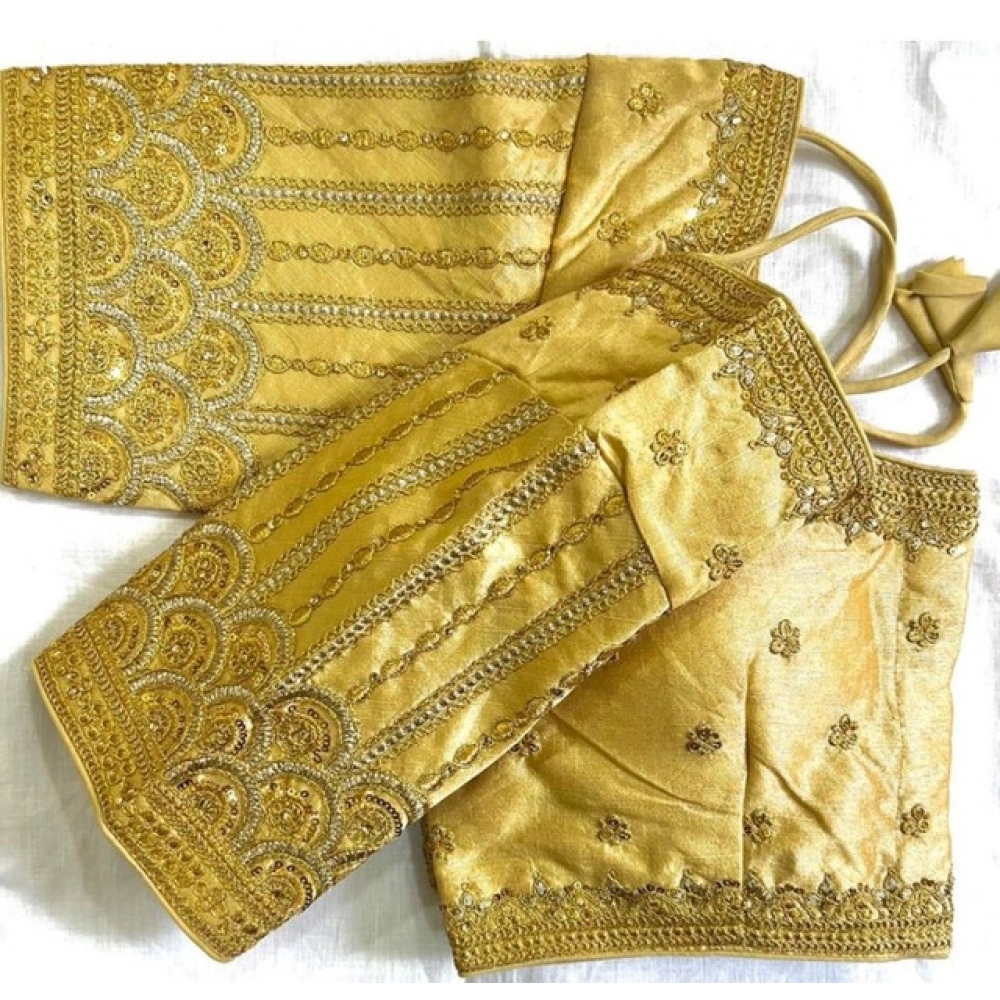 Women's Phantom Silk Embroidered Designer Neck Padded Blouse (Beige 38 Ready (Alterable up to 42) - Image 3