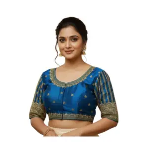 Women's Phantom Silk Embroidered Designer Neck Padded Blouse (Blue 38 Ready (Alterable up to 42)