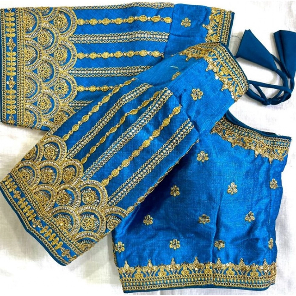 Women's Phantom Silk Embroidered Designer Neck Padded Blouse (Blue 38 Ready (Alterable up to 42) - Image 2