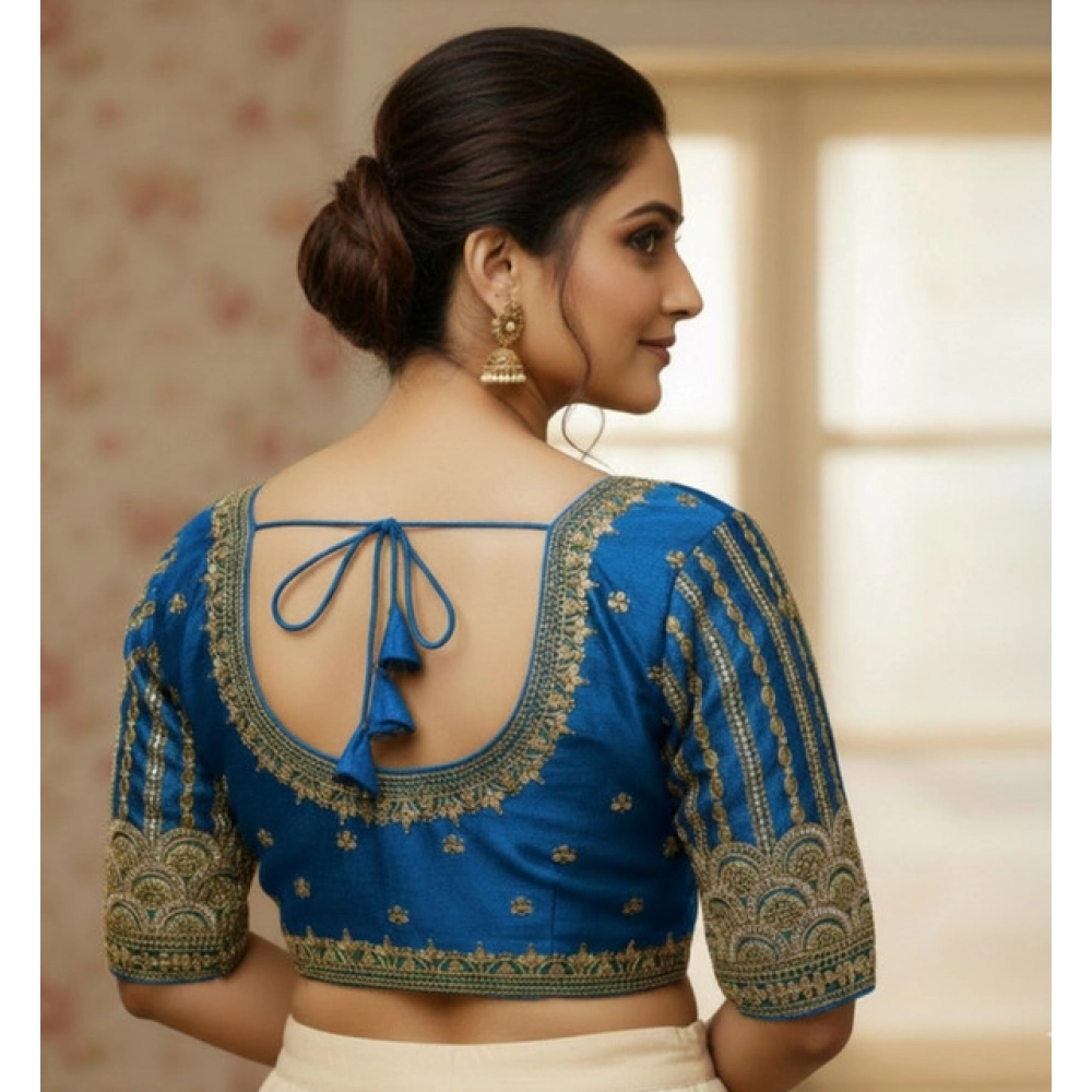 Women's Phantom Silk Embroidered Designer Neck Padded Blouse (Blue 38 Ready (Alterable up to 42) - Image 3
