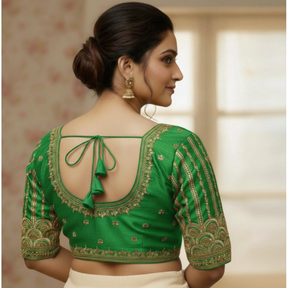 Women's Phantom Silk Embroidered Designer Neck Padded Blouse (Light Green 38 Ready (Alterable up to 42) - Image 3