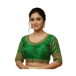 Women's Phantom Silk Embroidered Designer Neck Padded Blouse (Light Green 38 Ready (Alterable up to 42)