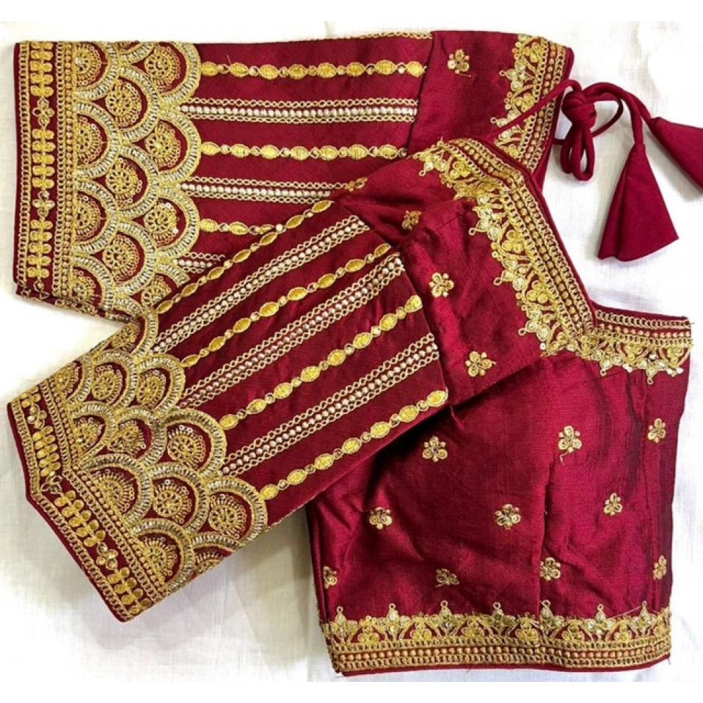 Women's Phantom Silk Embroidered Designer Neck Padded Blouse (Maroon 38 Ready (Alterable up to 42) - Image 2
