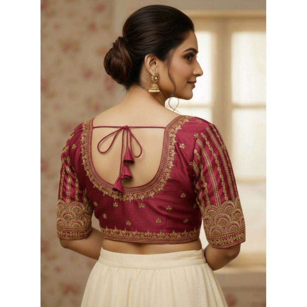 Women's Phantom Silk Embroidered Designer Neck Padded Blouse (Maroon 38 Ready (Alterable up to 42) - Image 3