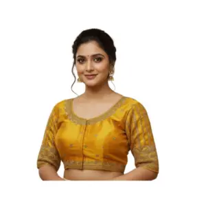 Women's Phantom Silk Embroidered Designer Neck Padded Blouse (Mustard 38 Ready (Alterable up to 42)